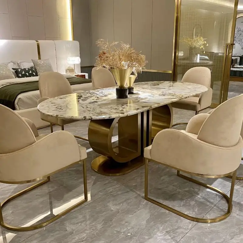 Italian luxury high-end custom natural marble stainless steel oval dining table