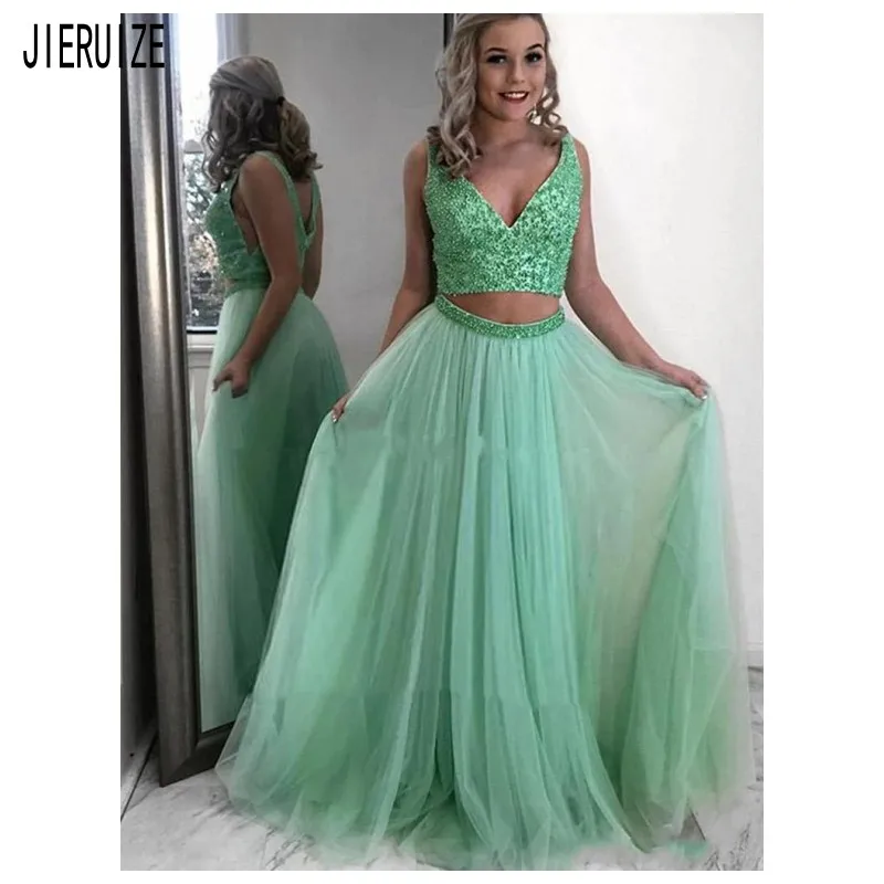 

JIERUIZE Two Pieces Evening Dresses V Neck Backless Light Green Prom Gowns Women Elegant A Line Formal Dresses robe de soiree