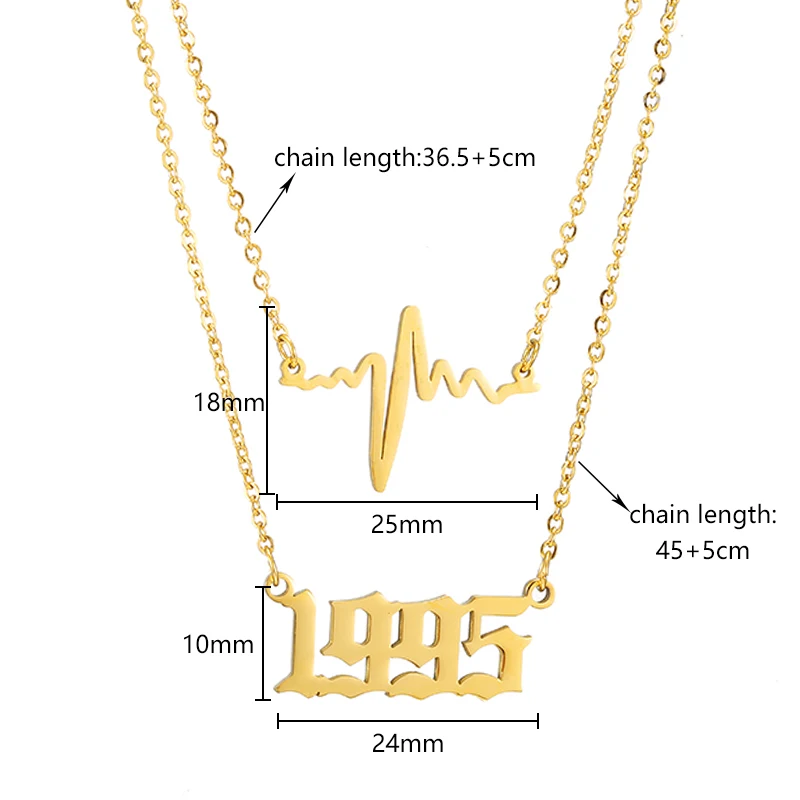 Personalized Year Number Necklace Heartbeat Pendant Stainless Steel Layered Necklaces Gold Chain 1980-2019 Birthday Year Gifts