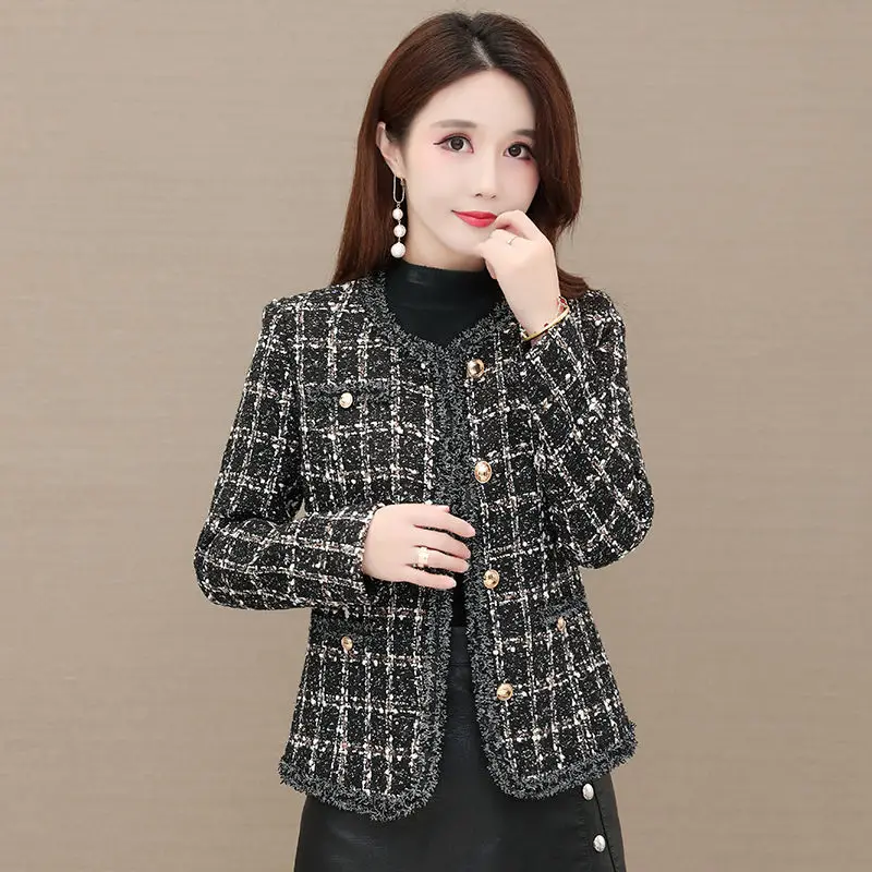 Vintage Tweed Plaid Jacket Women Plus Size 4XL Elegant Slim O-Neck Single Breasted Short Coat Spring Fashion Chic Woolen Outwear