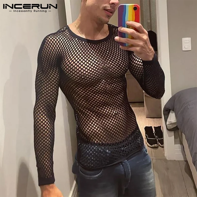 INCERUN 2024 Men T Shirt z siatką przezroczysty dekolt z okrągłym dekoltem koszulki z długim rękawem seksowna sukienka odzież męska impreza z nocnym klubem S-5XL