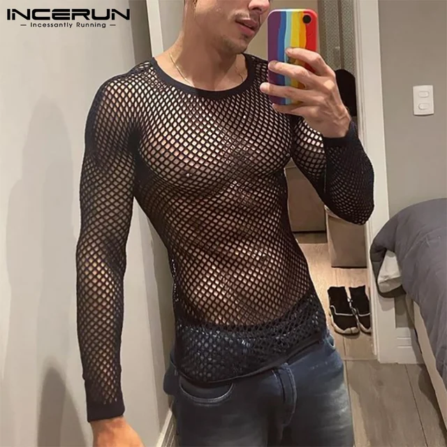 INCERUN 2024 Men T Shirt z siatką przezroczysty dekolt z okrągłym dekoltem koszulki z długim rękawem seksowna sukienka odzież męska impreza z nocnym klubem S-5XL