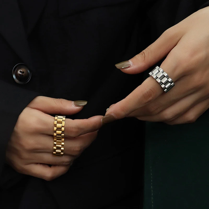 1cm Wide Watch Chain Shape Ring Stainless Steel High Quality Gold Color Fashion Jewelry Ring For Women