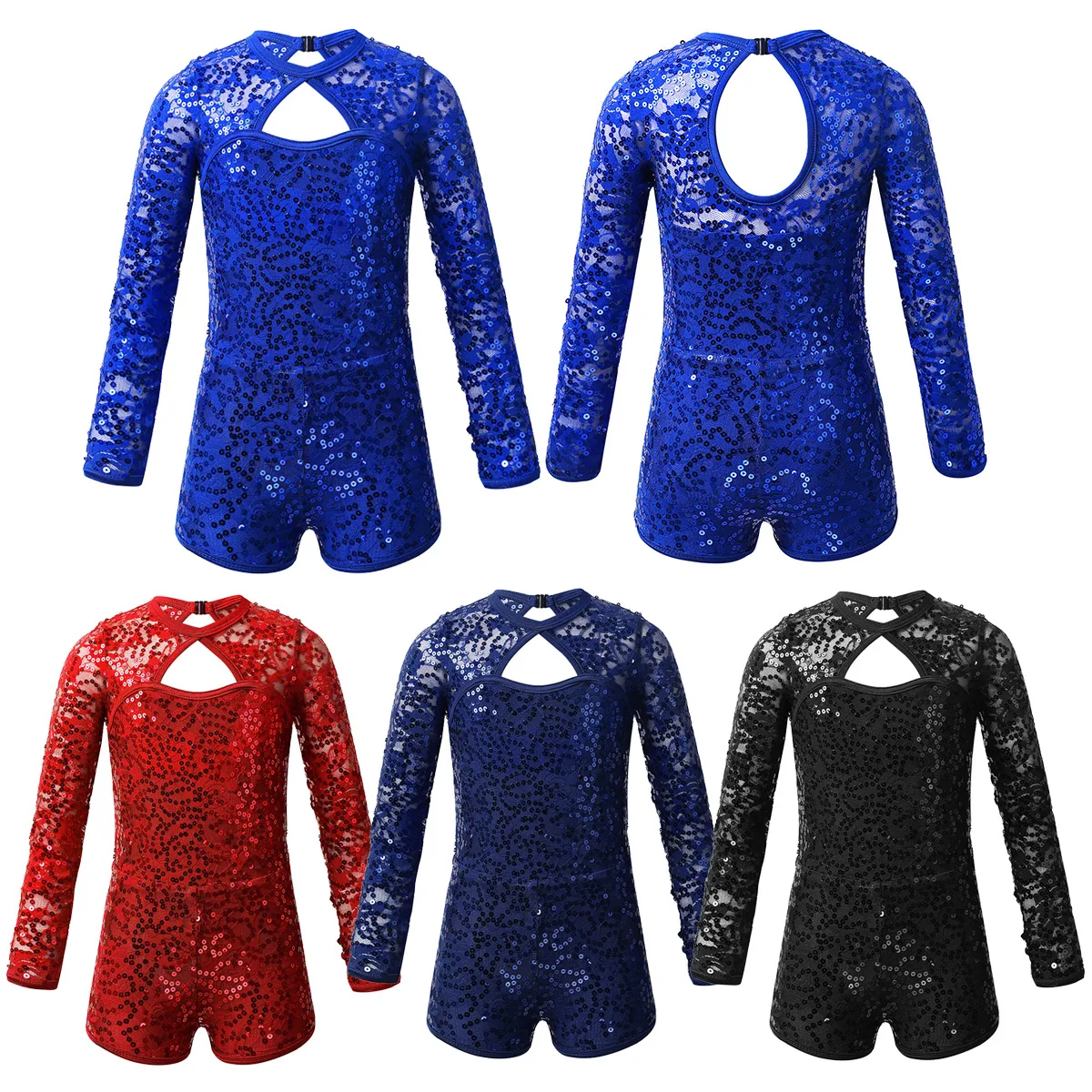 FEESHOW Leotard Jumpsuit Biketard Dancewear Kids Girls Long Sleeves Shiny Sequins Keyhole Back Ballet Dance Gymnastics Bodysuit