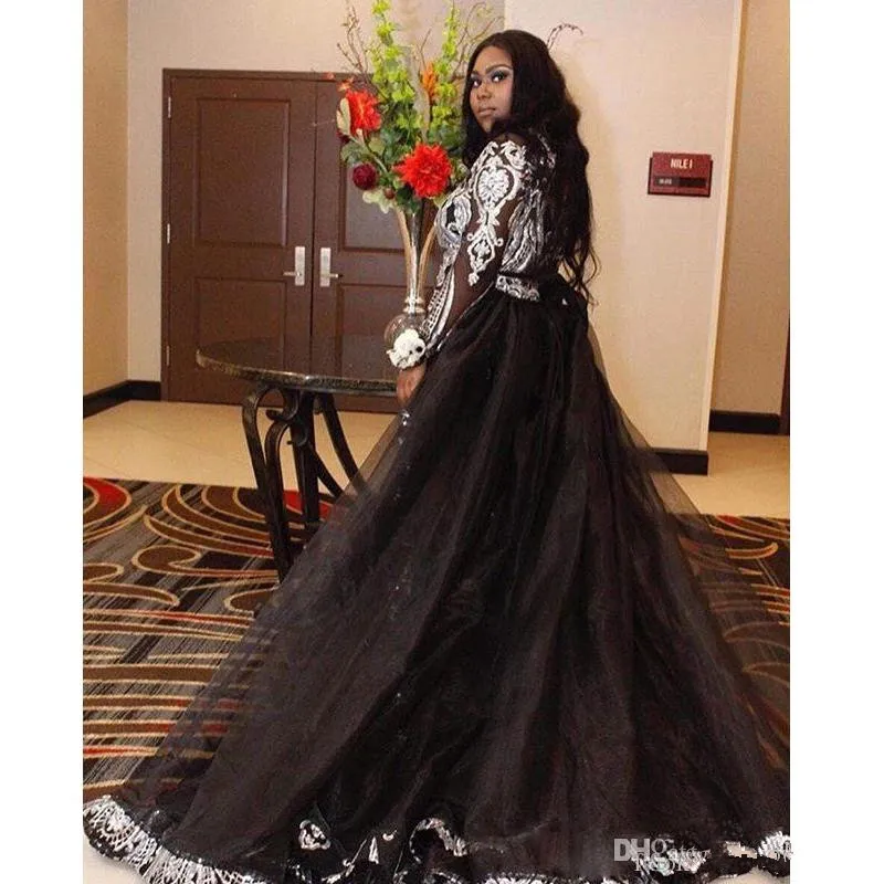 Black Jumpsuit Evening Dresses with Detachable Train Sliver Sequined Pantsuits Party Gowns Sweep Train Plus Size Prom Dress