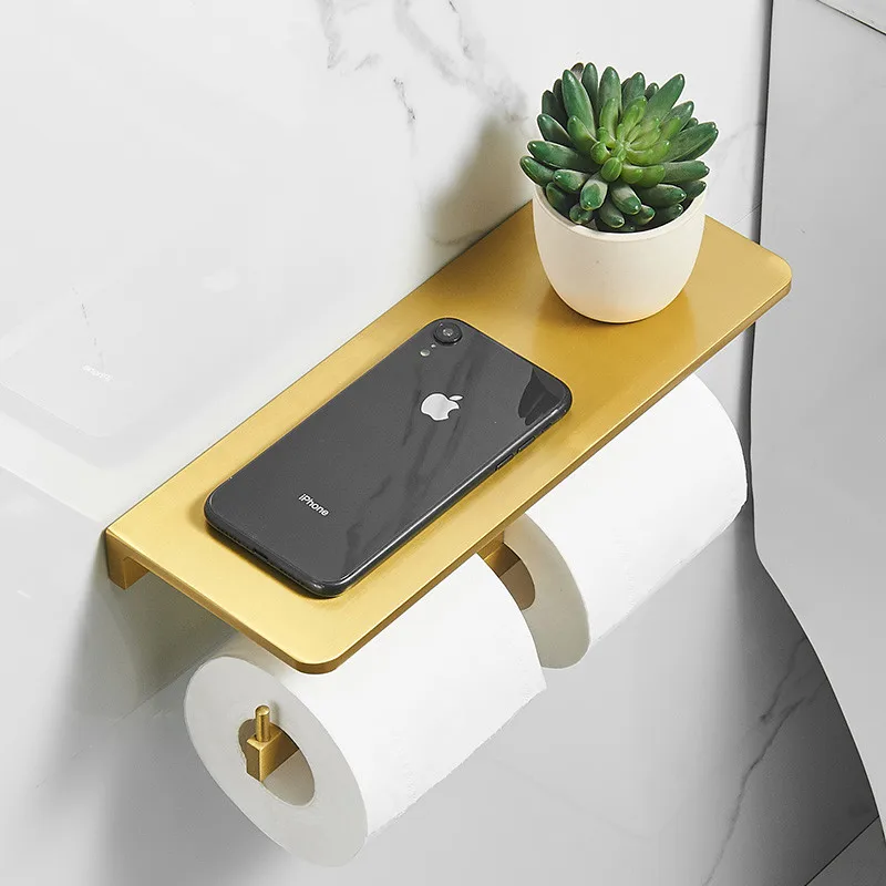 Bathroom Paper Holder & Shelf Aluminum Bath Mobile Phone Brushed Gold Towel Rack Toilet Paper Holder With Hook Wall Mounted