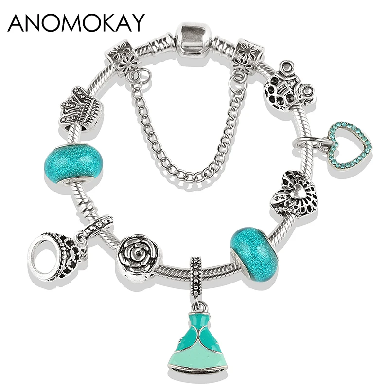 European American Cute Princess Dress Crown Bead Charm Bracelet Women Blue Crystal Diy Bracelet Jewelry Making Pulseras