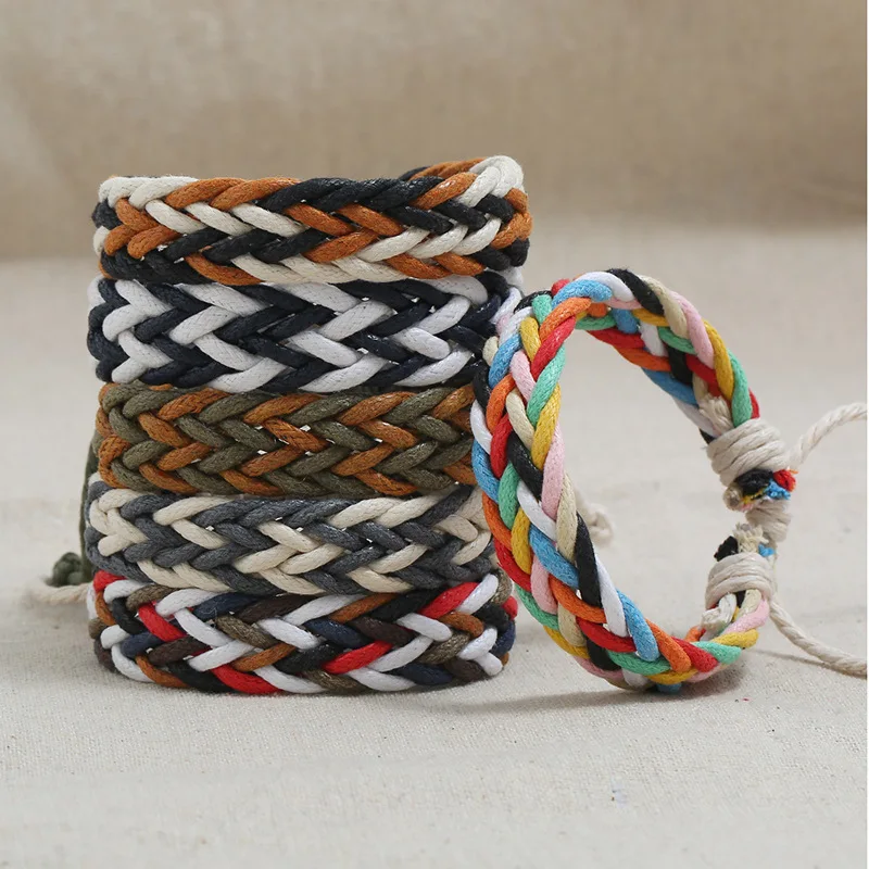 National Style Simple Casual Rainbow Color Hand-woven Leather Bracelet Couple Fashion Outdoor Men Woman Jewelry Friendship Gift