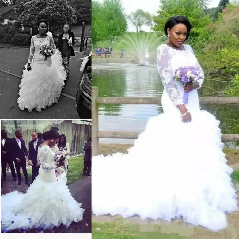 

African Mermaid Wedding Dresses Lace Appliques Illusion Long Sleeves Gowns Plus Size Tiered Tulle Retro Bridal