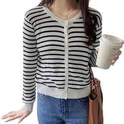 TuangBiang Autumn Black White Striped Women Short Cardigan 2021 Single Breasted Long Sleeve V-Neck Female Loose Knitted Sweaters