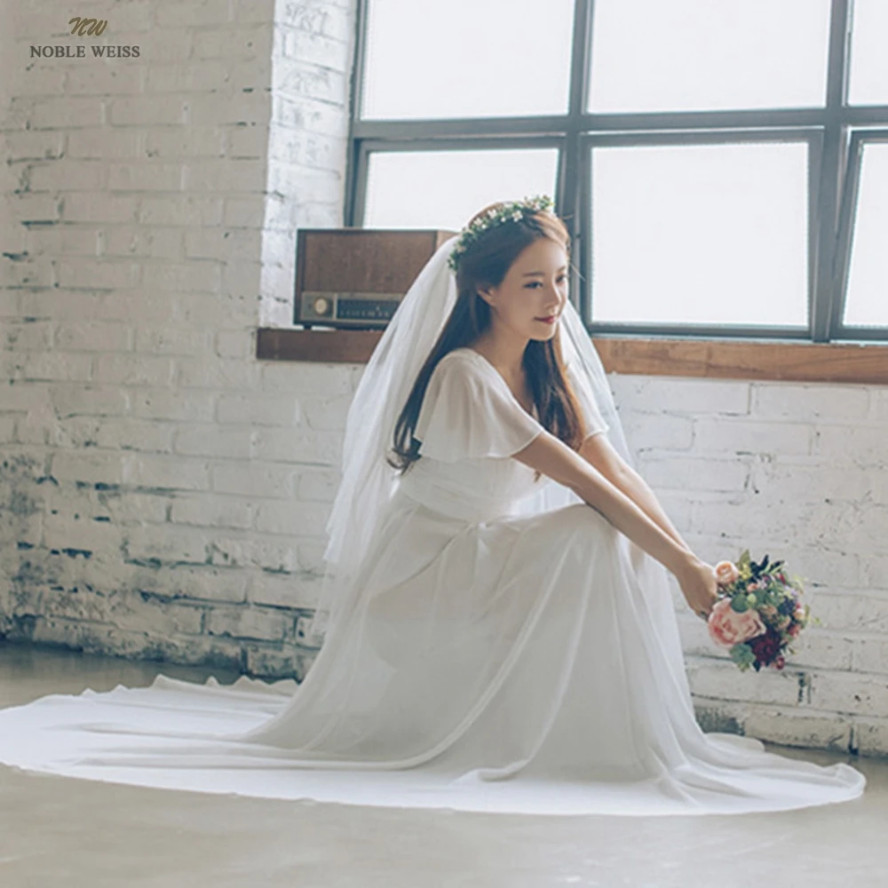 Vestido de novia con cuello en V hasta el suelo, vestidos de novia plisados, línea A, vestido de novia de gasa para mujer