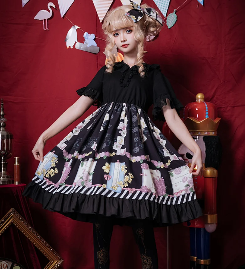 Gothic palace sweet princess lolita strap dress vintage  high waist printing victorian dress kawaii girl gothic lolita cos loli