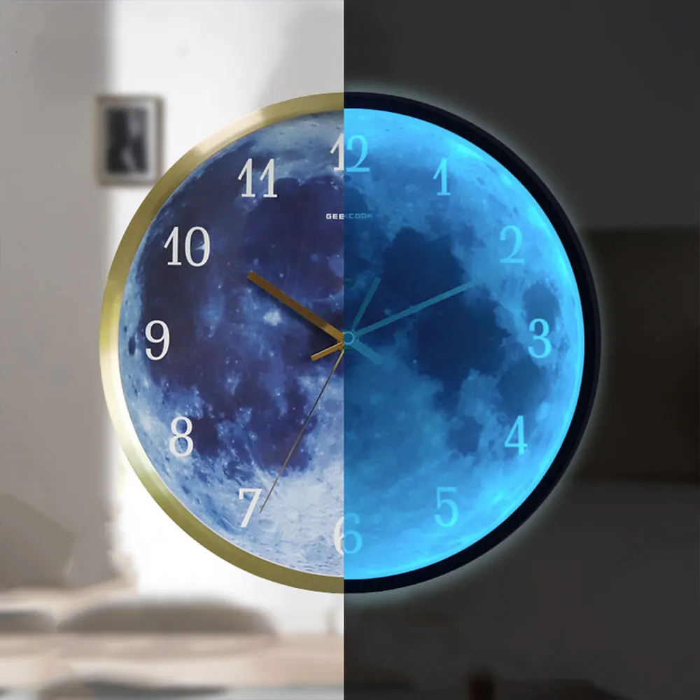 12 Inch Art Design Wall Clock Blue Moon Sound Control Luminous Digital Modern Silent Living Room Bedroom Round Decoration