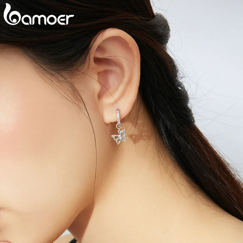 BAMOER Dazzling Butterfly Hoop Earrings for Women 925 Sterling Silver Engagement Wedding Statement  Fine Jewelry Pendants SCE833