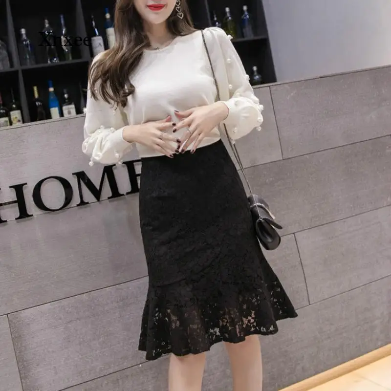 2021 Spring and Summer New Lace Wrap Hip Elegant Ladies Mid-Length Mermaid Skirt High Waist Fishtail Wrap Skirt Office Ladies