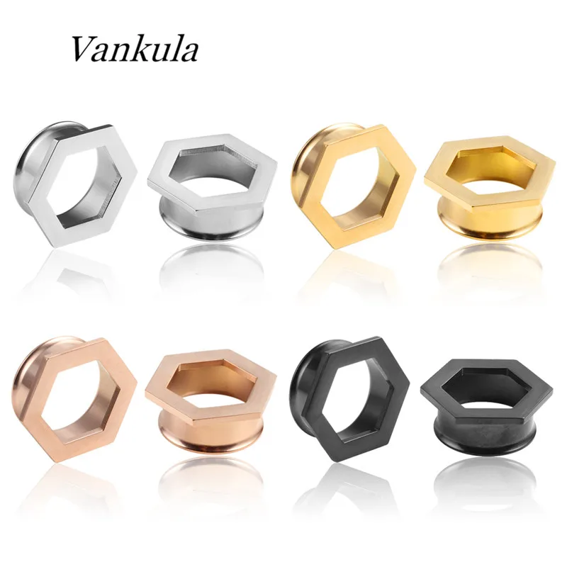 Vankula 2pcs Stainless Steel  New Fashion Ear Plug Tunnels Hexagons Shape Body Jewelry Piercing Ear Gauges Expender For Gifts