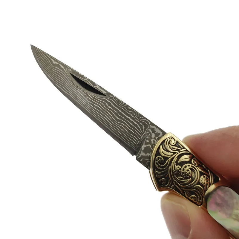 Tasca a lama in acciaio di damasco fatta a mano di grandi dimensioni bellissimo coltello pieghevole in ottone giallo + coltello multiuso con manico a conchiglia di Abalone