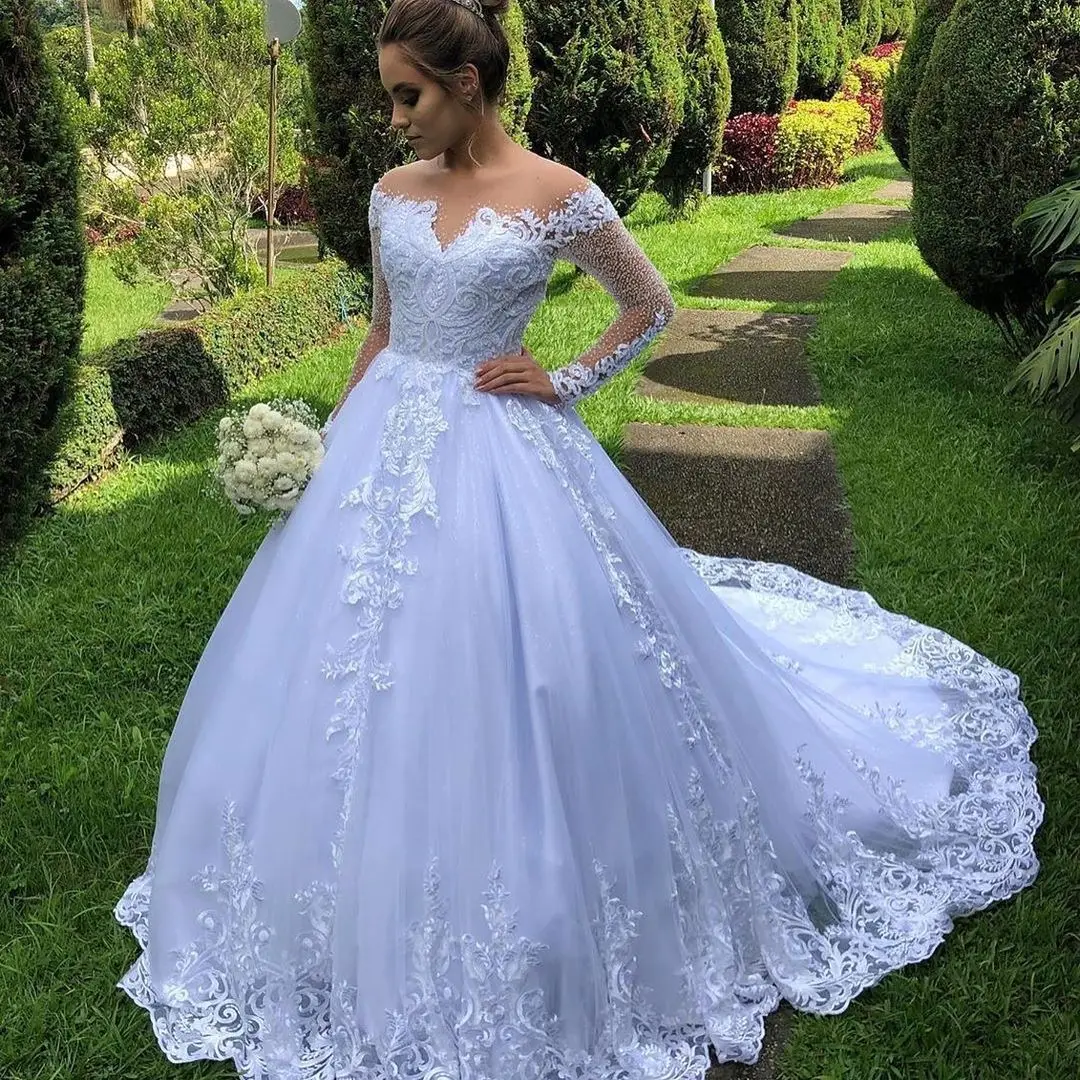 Luxuriöse Brautkleider mit Juwelen, langen Ärmeln, Spitzenapplikationen, Brautkleider, maßgeschneidertes Brautkleid mit Knopfleiste hinten und Schleppe in A-Linie