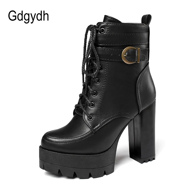 Gdgydh 2022 Russian Hot Sales Women Shoes Thick Platform High Heel Female Ankle Boots Round Toe Lace up Zipper Motorcycle Boots