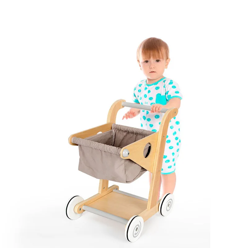 Kids Shopping Trolley Cart Wood Mini Simulation Supermarket Trolley Push Cart Dolly Toddler Pretend Play Toy Children Boy Gifts