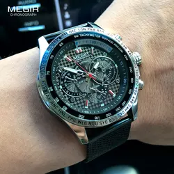 MEGIR-reloj analógico con correa de malla para hombre, accesorio de pulsera de cuarzo resistente al agua con cronógrafo decorativo, complemento Masculino de marca de lujo con diseño moderno, 1010