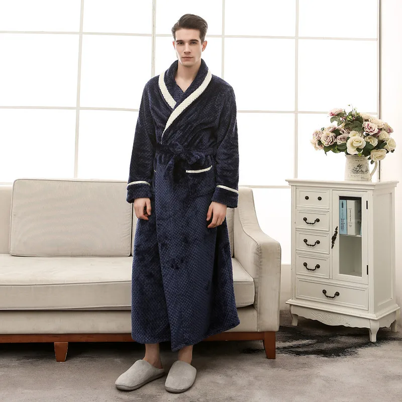 Men Robe Kimono Bathrobe Warm long Nightgown Casual Sleepwear Sleeve Home Dressing Gown Nightwear