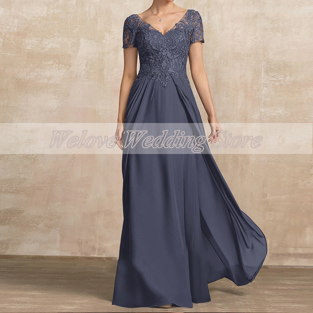 Chiffon Formal Mother Of The Bride Dress Short Sleeve Floor Length A Line V Neck Applique Draped Wedding Party Gown For Mom