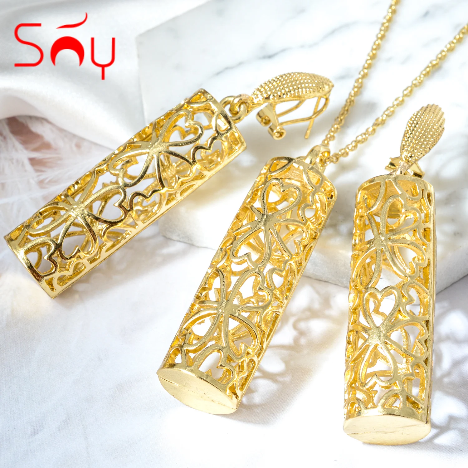 

Sunny Jewelry Sets Metal Cylindrical Hollow Gold Color For Women Earrings Pendent Necklace For Wedding Party Anniversary