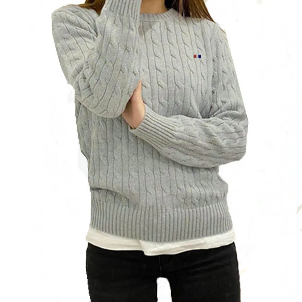 Women\'s Winter 100% Cotton Knitted Sweater Classic Round Neck Long Sleeve Twisted Thick Embroidered Logo Loose Casual Pullover