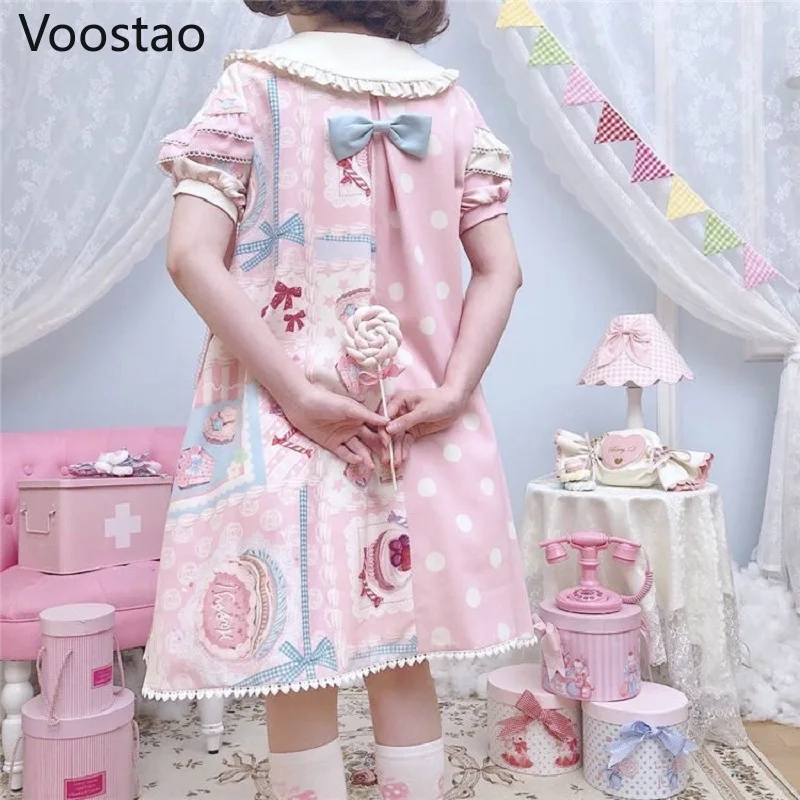 Japanese Sweet Kawaii Lolita Dress Frost Sugar Sweetheart Pink OP Dress Women Vintage Victorian Gothic Princess Tea Party Dress