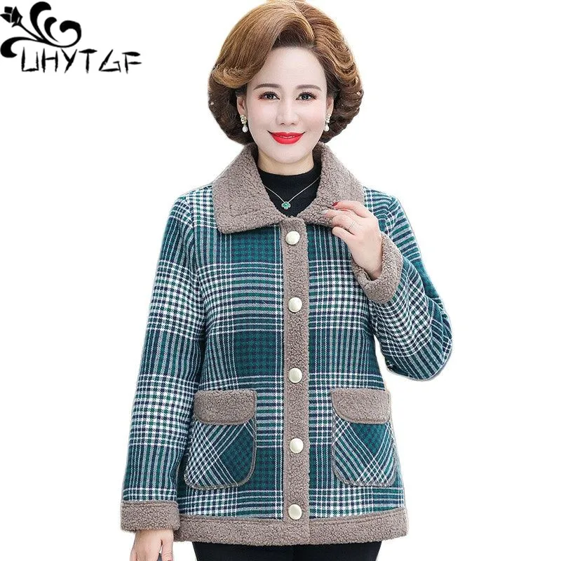 

UHYTGF Middle-Aged Mom Autumn Winter Woolen Jacket Fleece Plaid Casual Female Warm Coat Women Loose 5XL Large Size Outewear 1853