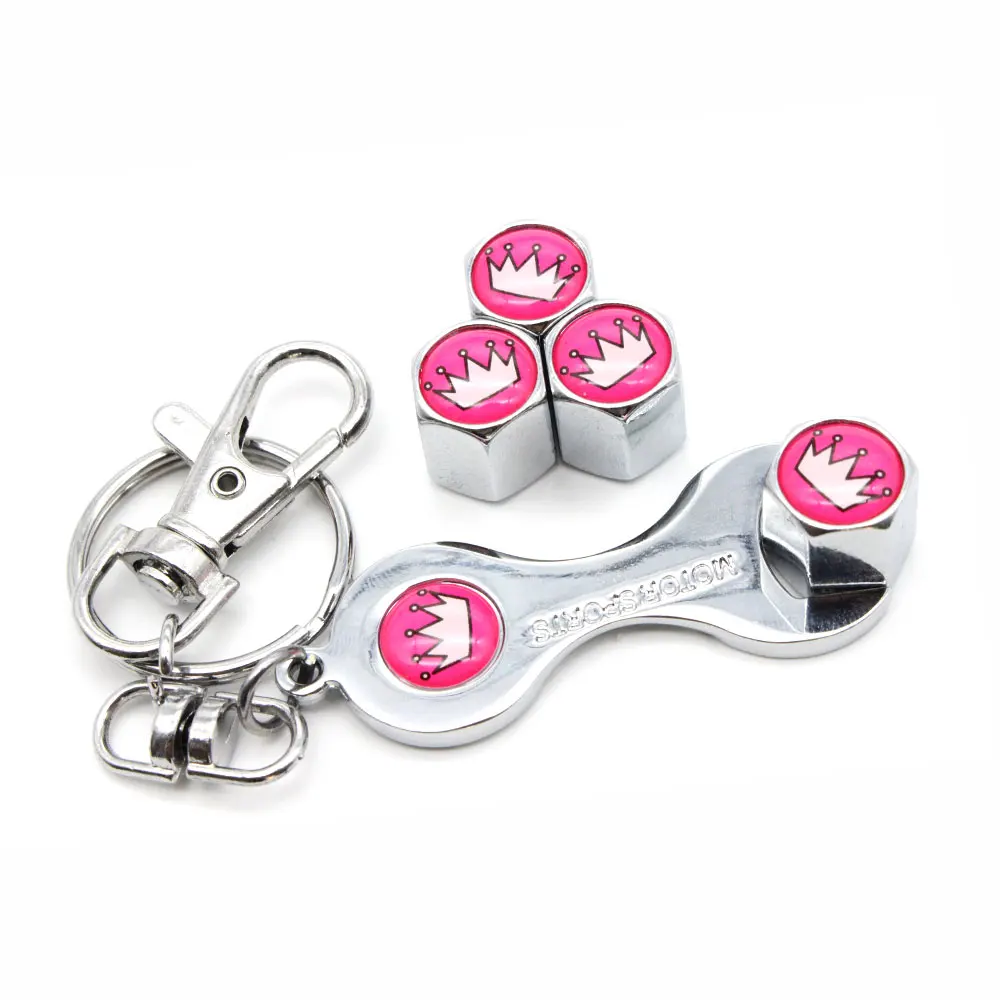 5Pcs/Set Pink Crown Style Anti-theft Emblem Auto Car Wheel Tire Air Valve Caps With Wrench Keychain Zinc Alloy Stem Dust Cover A