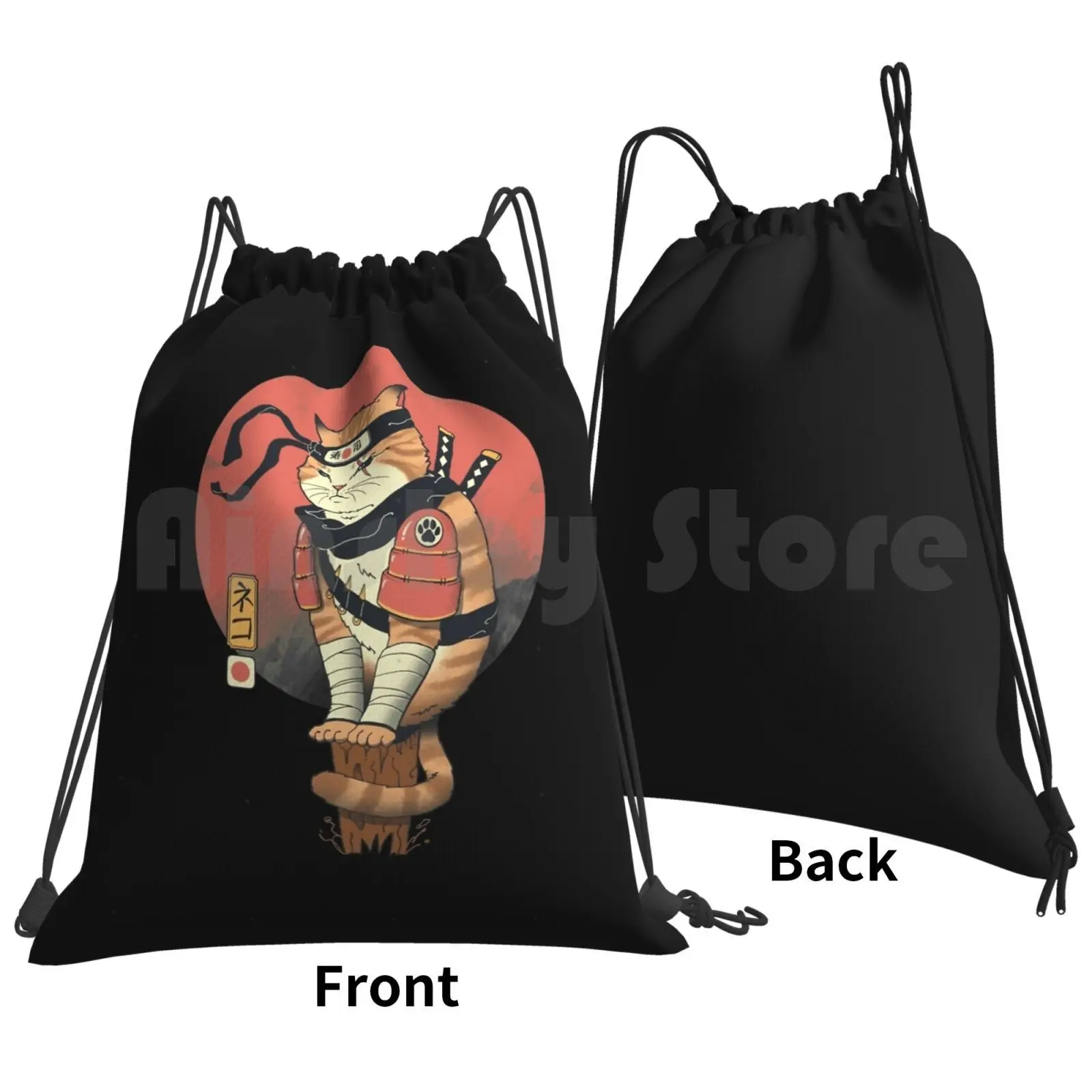 Shinobi Cat Backpack Drawstring Bags Gym Bag Waterproof Cat Cats Anime Shinobi Kitty Cat Japanese Art Ukiyo E Woodblock