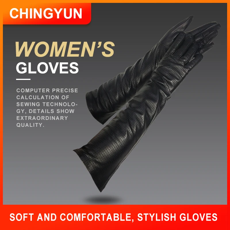 Chingyun luvas femininas de couro de ovelha, luvas femininas longas de couro, luva para cotovelo e braço, meshmittens de couro para mulheres, 2020