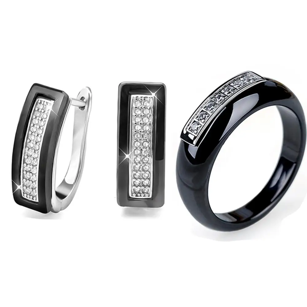 Elegant Style Engagement Jewelry Sets Cubic Zircon for Women Never Lose Color Ceramic Bridal Wedding Earrings Sets With Rings