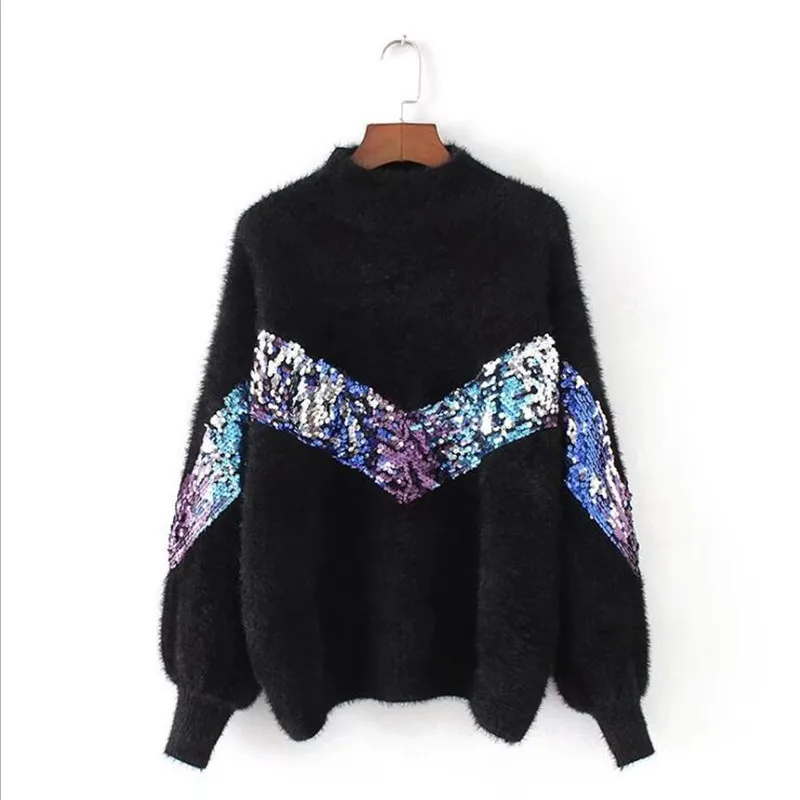 2023 New Women\'s Sweater Autumn And Winter New Fashion Half-high Collar Mohair Embroidery Sequins Lantern Sleeve Sweater