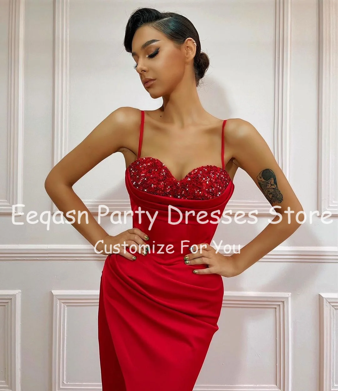 Eeqasn Red Mermaid Glitter Seuqines Prom Party Gowns Pleats Spaghetti Strap Women Evening Dress Corset Back Formal Occasion Gown