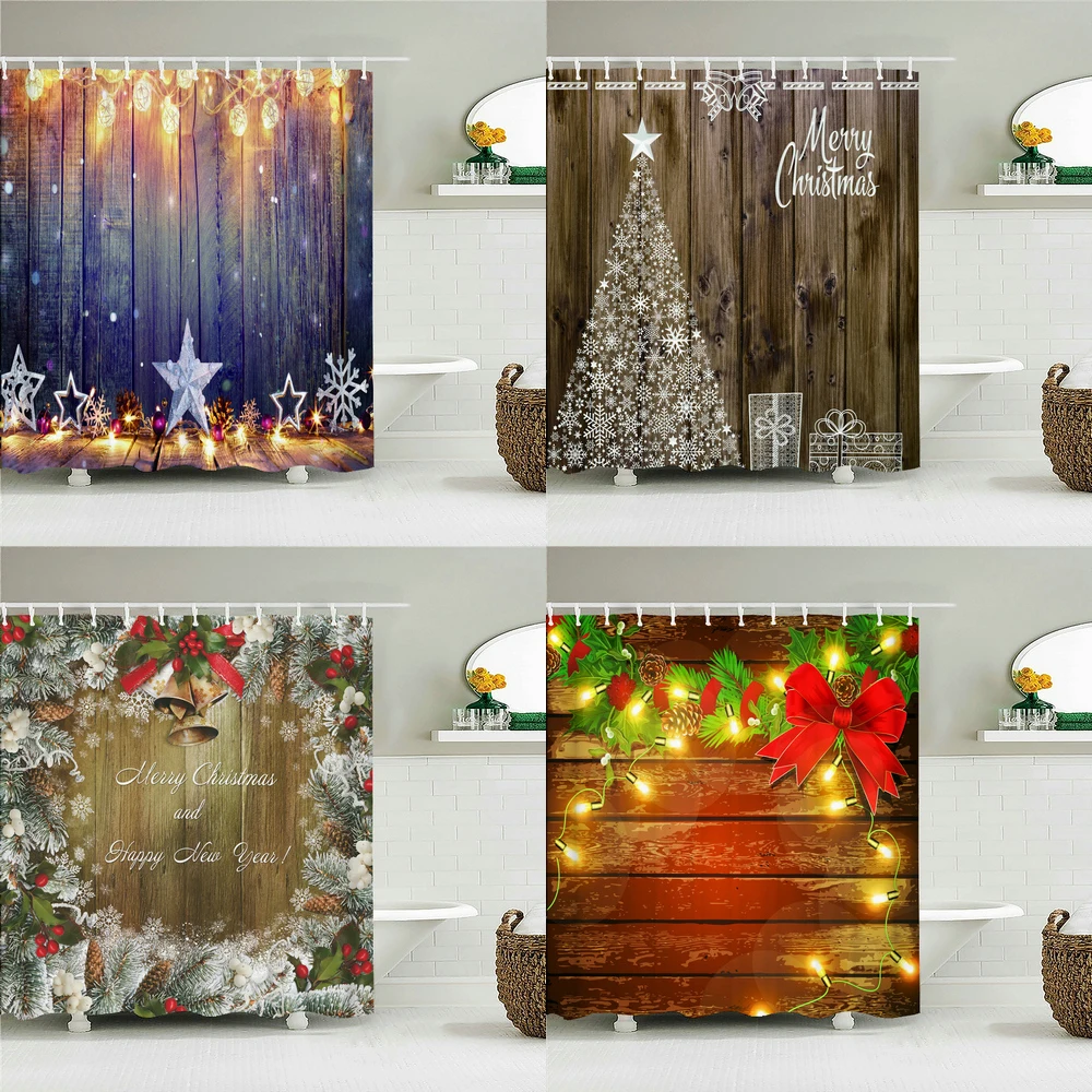 

Merry Christmas Shower Curtain Happy New Year Tree Printing Bath Curtains Festival Decoration Home Bathroom Waterproof Fabric
