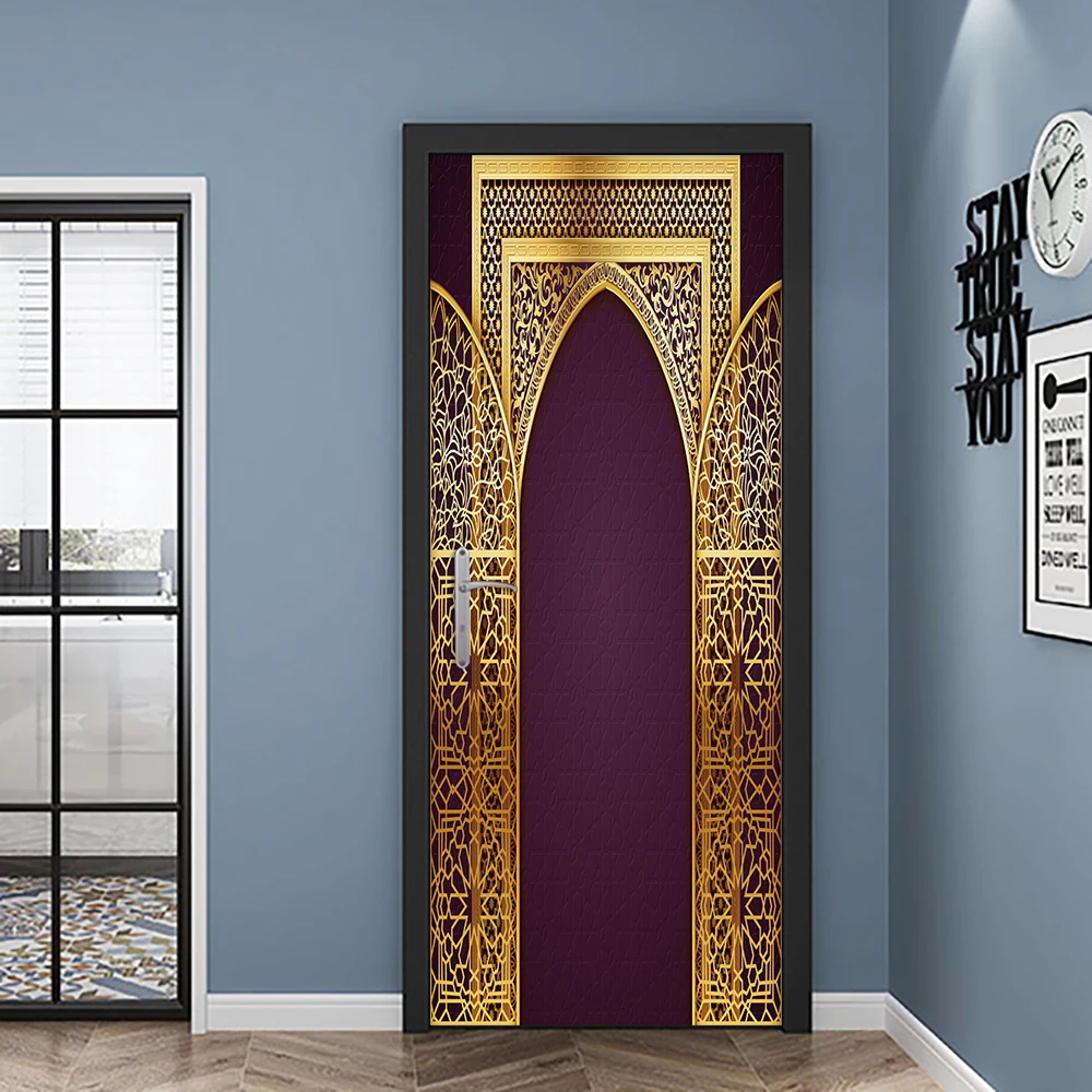 Eid Mubarak Style Simulation Metal Door DIY Door Sticker Home Decoration Wall Sticker Kitchen Wall Decals Peel & Stick Wallpaper