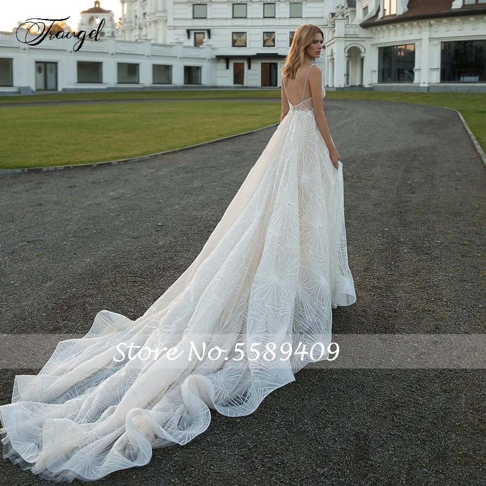 Traugel A-Line Beach Shiny Wedding Dresses V-Neck Spaghetti Straps Vestido De Novia Beaded Lace Appliques Bridal Gowns