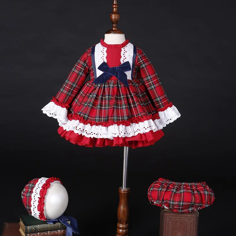 3PCS Baby Girl Autumn Winter Plaid Vintage Spanish Pompom Ball Princess Dress Cotton Lolita Party Clothes Hat Pants