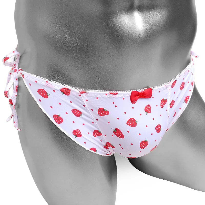 High Quality Sissy Panties With Strawberry Print Lace-Up Frilly Men Briefs Underwear Sexy Lingerie See Through