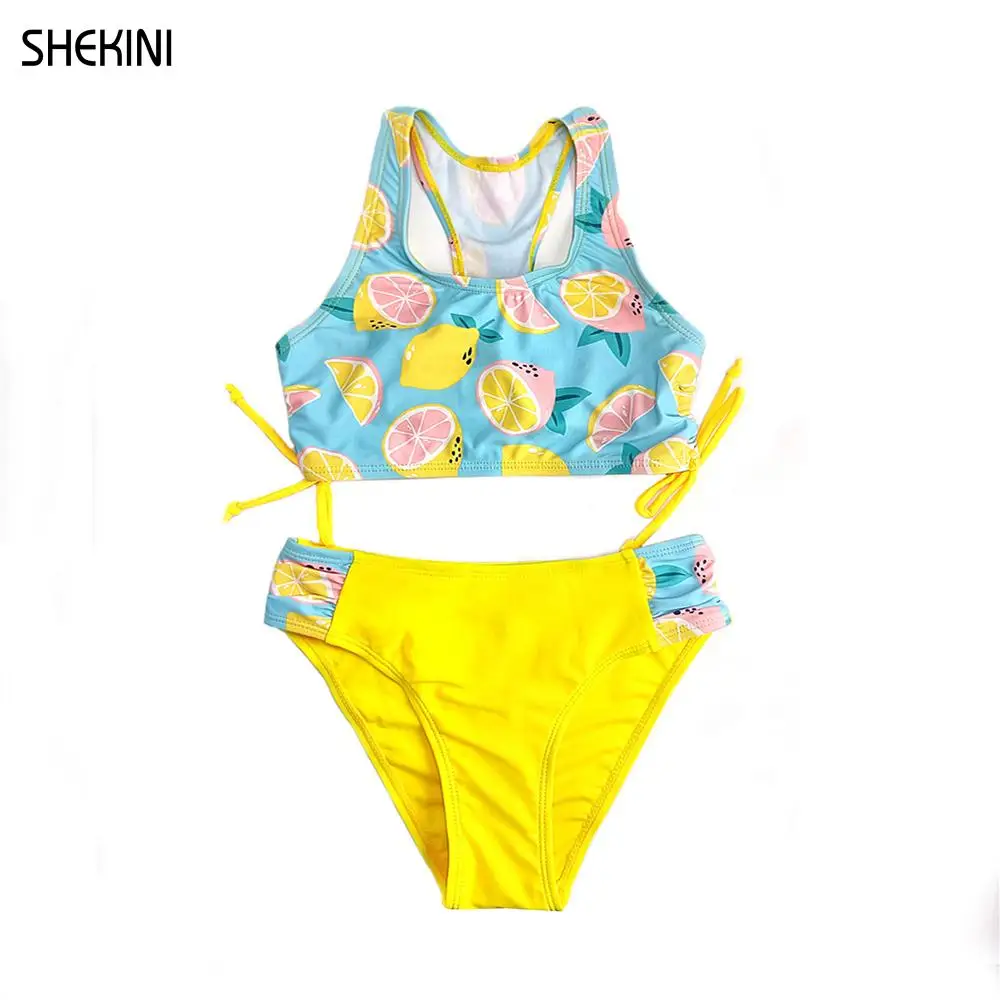 SHEKINI Girls Racerback Print Swimwear Ruched Tie Side Teenage Girls Bikini Set Bathing Suit Two Piece Swimsuits Teen Beachwear