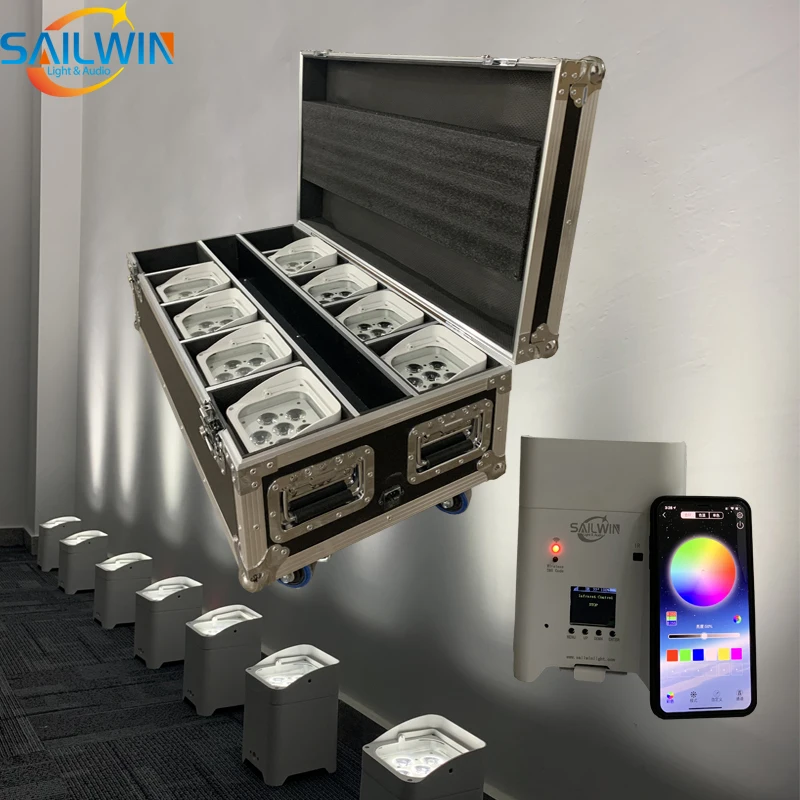 Sailwin 6X18W 6in1 RGBAW+UV Baattery Operated WIFI APP Mobile LED Par Can DJ UPLIGHT Stage Par Lights For Wedding With Flycase