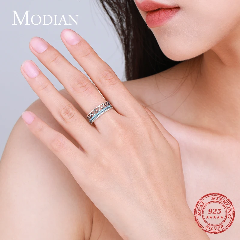 Modian Vintage 925 Sterling Silver Gometric Line Turquoise Fashion Finger Ring For Women Stackable Elegant Fine Jewelry Anel