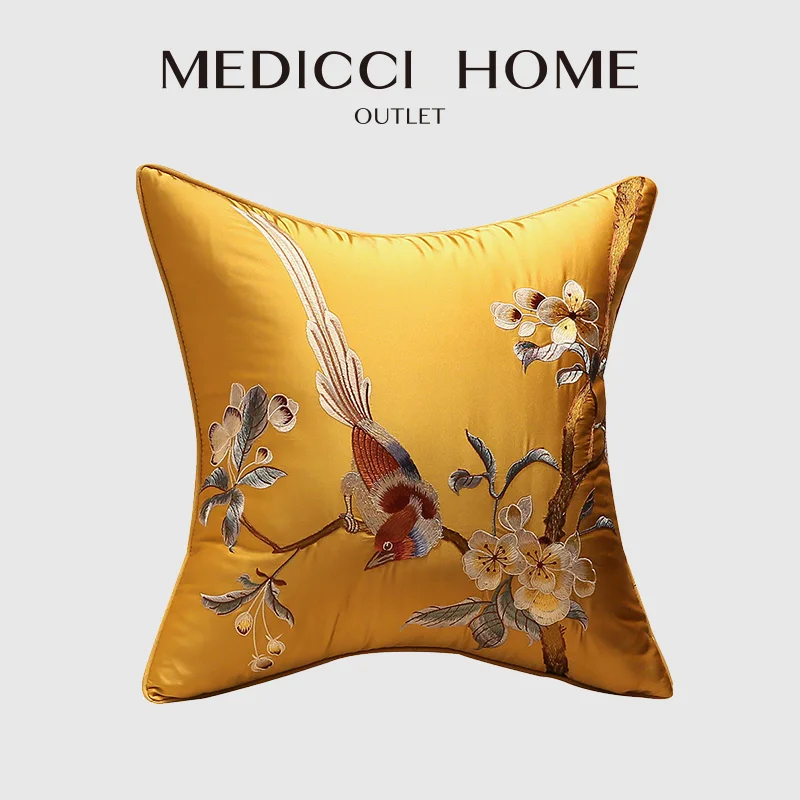 Medicci Home Silky Oriental Cushion Cover Chinese Traditional Floral Flower Bird Embroidery Sofa Pillow Case Bedroom Pillow Sham