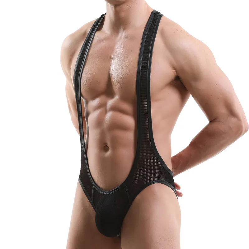 Mesh PU Leather Men Undershirts Jock Strap Open Butt Bugle Pouch Bodysuit Leotard String Wrestling Singlet Jumpsuits Underwear