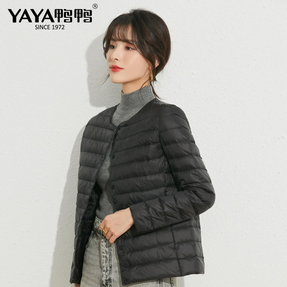 YAYA 2023 Spring New High Quality Women\'s Duck Down Jacket Lightweight Thin Short O and V Collar Warm Solid Color Outerwear