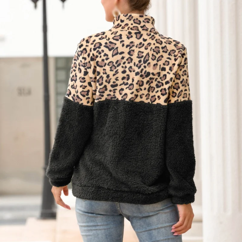 Womens Leopard Print Splicing Long Sleeve Pullover Sweater Autumn Double-sided Fuzzy zipper Oversized Streetwear TRHJ1