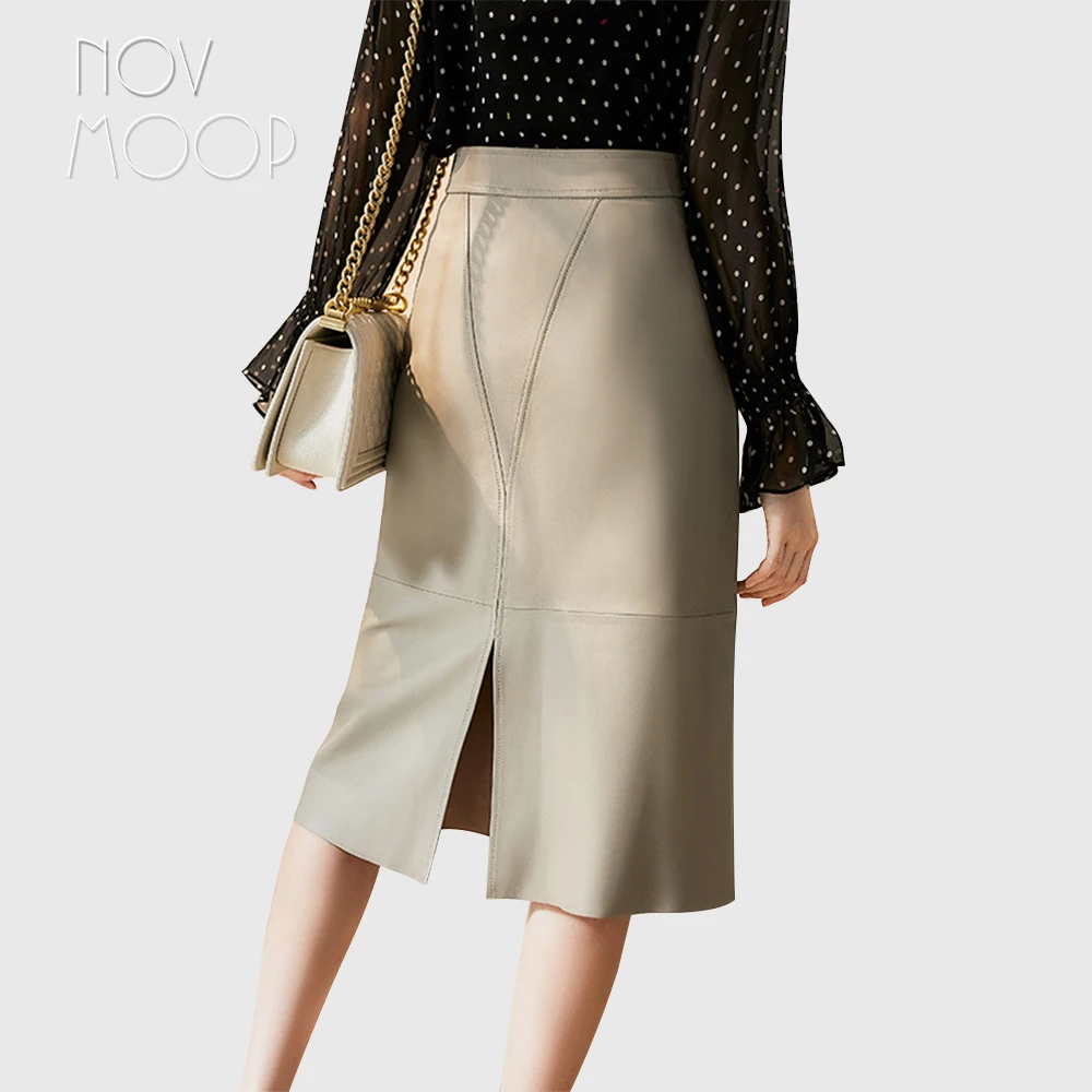 

Novmoop Italy luxurious style ivory color sheepskin genuine leather reversible elegent women skirt LT3292